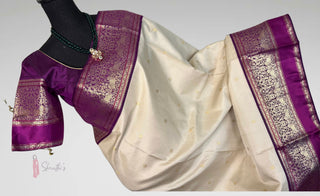 Bridal cream pattu saree ven pattu  White Cream and purple pure zari kanjivaram silk saree with prestitched blouse embroidered blouse