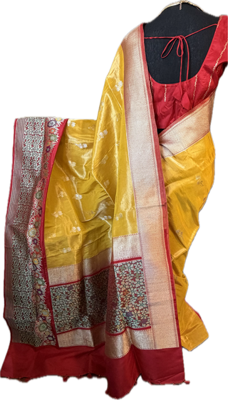 Banaras Pure yellow Tissue Silk Saree with silver  Zari Border – Ready to Wear Online USA