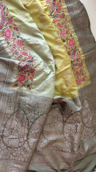 Handloom Pastel green shaded Pure silk Easy drape embroidered borders and pallu silk handwoven blouse border