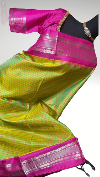 Pure Handloom silk Green to pink  butta Gadwal silk saree with stitched blouse embroidered blouse