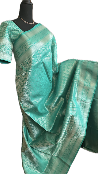 Traditional indian wedding saree south silk Brocade turquiose kanchi pattu saree Pure silver zari stitched blouse