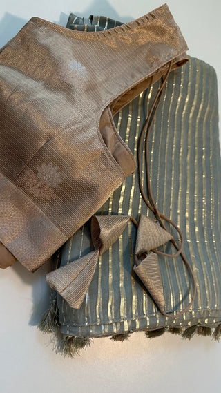 Georgette saree with gold foil woven saree partywear with sleeess zari kota blouse online