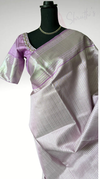 Pure Handloom Kanjivaram Pastel Lavender silk saree silver zari online stitched blouse brocade  blouse  one of a kind elegant easy drape  silk saree online shopping