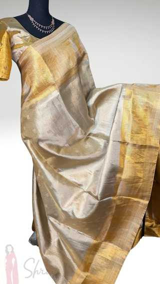 Gold Kanjivaram saree for bride tissue Kanchi Kora Pure zari silk saree with stitched  blouse online shopping usa