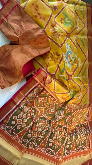 Tissue silk patola silk saree with  silk finish pallu with prestitched blouse