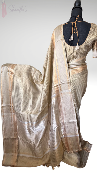 Pure Tissue Beneras Beige Gold checks handwoven pure silk saree stitched blouse saree readymade online USA