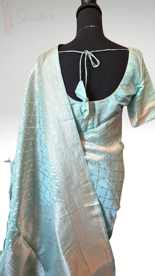 Banaras Pure pastel Tissue Silk Saree iwith silver Zari Border – Ready to Wear Online USA