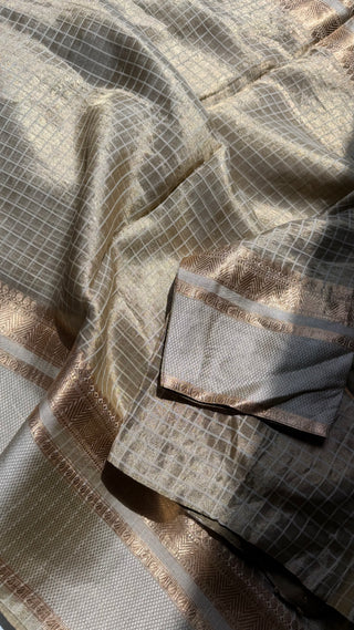 Pure Tissue Beneras Beige Gold checks handwoven pure silk saree stitched blouse saree readymade online USA