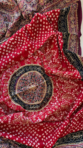 Bandhej silk handdone bhandhani pure gajji silk duppatta Red Dupatta embroidered