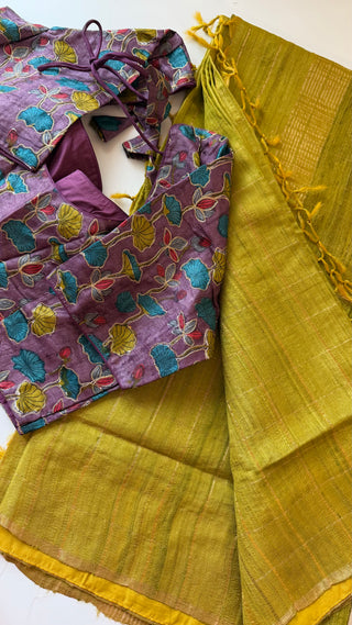 Mehandi Green saree Handloom silk Tussar with brocade silk blouses zari borders and fine checks