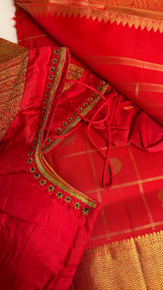 Pure Red kanjivaram pattu muhurtam kalyanam Pelli cheera saree pure zari handloom korvai kanchi red checks butta kanjivaram silk saree with embroidery  blouse