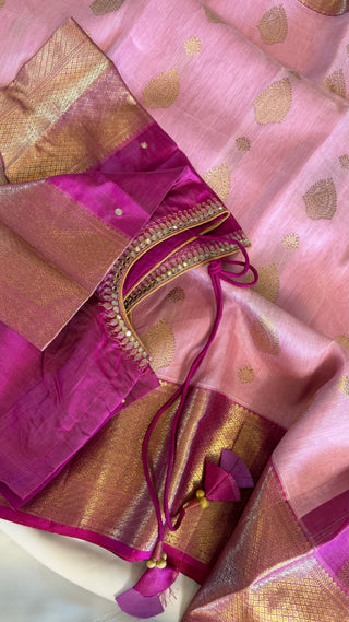 Bridal Gold Handloom Kora silk Pastel Pink pure kanjivaram silk saree stitched embroidered blouse online shopping usa  handloom silk saree