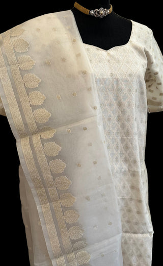 Beneras  white pure silk salwar set with silk dupatta online shopping usa