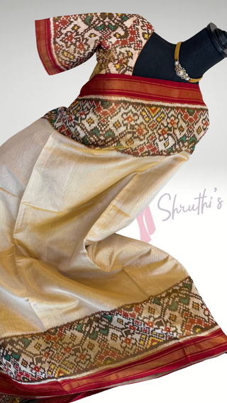 Pure Patola Silk Tissue Saree cream ikat blouse stitched blouse Partywear pooja wear ready to ship Saree USA altered to fit