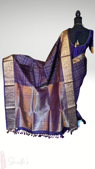 Pure Handloom Soft Silk Saree double ply Dark Purple checks gold zari silk saree with  Stitched Blouse Indian handloom wedding pattu Saree Online USA Ready to Ship Saree Online USA Easy Drape