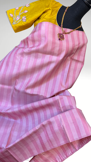 Pure Handwoven Pastel Pink pure handwoven kanchi pattu saree with hand embroidered  blouse