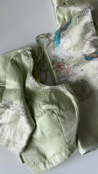 Brocade pastel green handloom  printed weave silver zari pure silk one of a kind easy drape saree