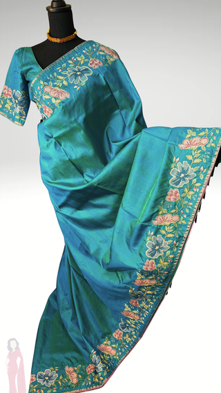Handloom Pure soft silk embroidered borders and pallu silk handwoven blouse border