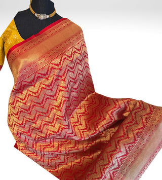 Red Benerasi Handloom silk saree Katan silk saree bandhej pallu Partywear Diwali online shopping with prestitched blouse