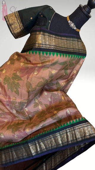 Vintage weaves pure Handloom silk Eco print Goldish Brown butta Gadwal silk saree with stitched  blouse