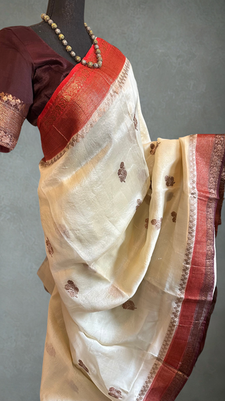 Indian saree Organza Beneras Beige cream silk saree partywear with blouse weave gold borders with stitched blouse