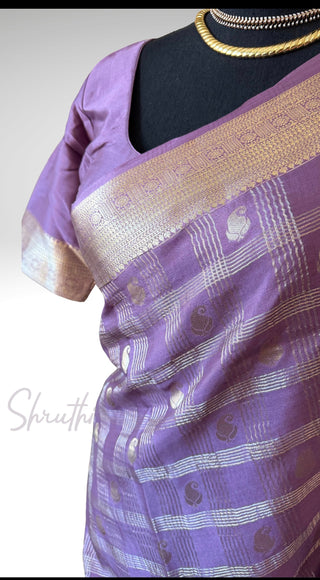 Handloom Pastel’s Lavender Georgette checks  Beneras silk saree with stitched blouse  online shopping Partywear