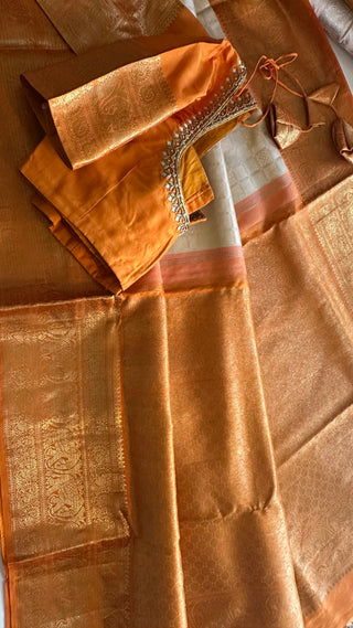 Ven pattu Orange saree White Cream and purple pure zari kanjivaram silk saree with prestitched blouse embroidered blouse