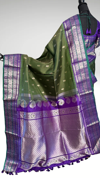 Vintage olive green  butta Gadwal handwoven silk saree with stitched blouse