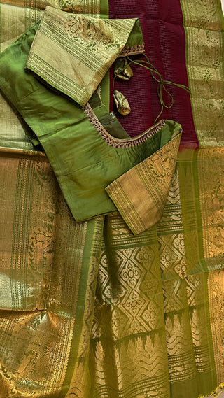 Betalnut Leaf Green  Gadwal handwoven silk saree with embroidered stitched blouse