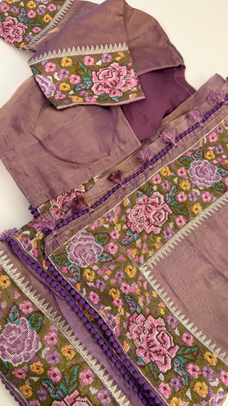 Pure Tissue Beneras pastel violet Party wear handloom handwoven pure silk saree stitched blouse saree readymade online USA