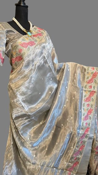 Grey silver tissue Organza soft weave paithani silver borders with stitched blouse