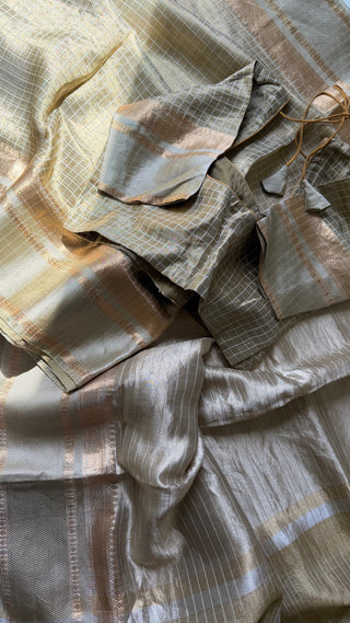 Pure Tissue Beneras Beige Gold checks handwoven pure silk saree stitched blouse saree readymade online USA