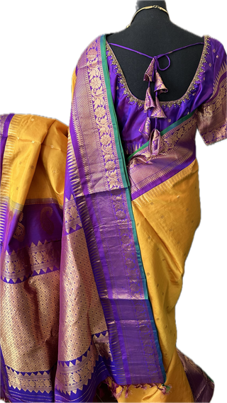 Yellow checks Gadwal handwoven silk saree with stitched blouse