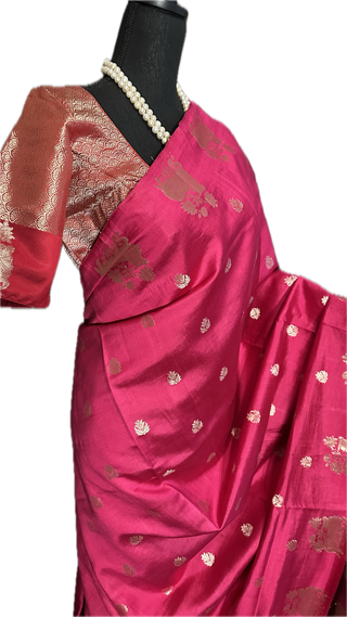 Magenta Chinya silk with Gold zari with stitched blouses