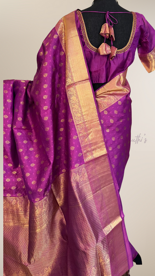 Shade of Purple Pure Kanjivaram Handloom pure silk Muhurtam Wedding Saree with ready to wear ship Blouse Online USA