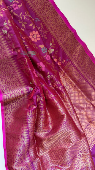 Magenta  Pure katan Benerasi silk saree with stitched  embroidered blouse online shopping usa