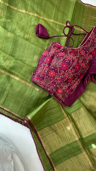 Parrot Green pure tussar silk with kantha work silk blouses Partywear Indian saree usa