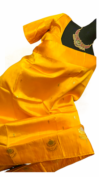 Yellow Handloom Banaras raw mango silk Pure Silk Saree with Gold Zari Border – Ready to Wear Online USA