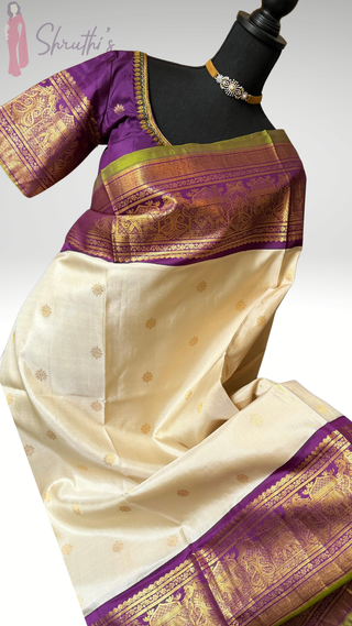 Pure Handloom ven pattu white to purple  Gadwal silk saree gold zari silk with stitched blouse ready to ship USA Easy drape