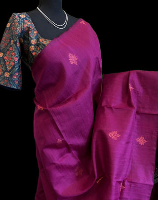 Purple pure Raw silk saree with copper motifs  with printed blouse contrast blouse