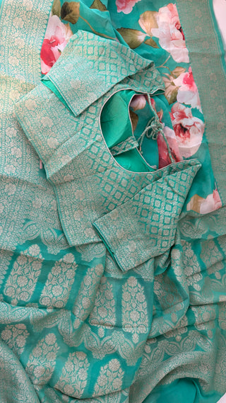Floral sarees pastel partywear saree  teal Georgette beneras silk zari borders saree stitched blouse