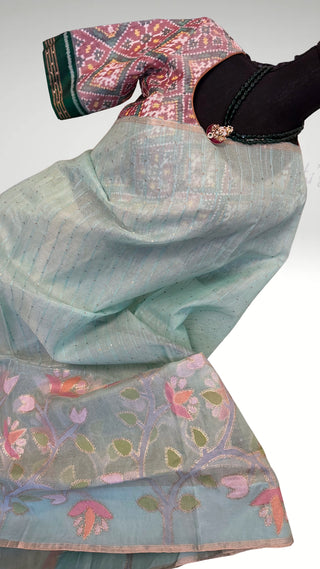 Pure Pastel Blue Jamdhani kora silk  Handloom embroidered pallu silk saree silk saree pallu Partywear Diwali online shopping with hand patola double ply embroidered   blouse