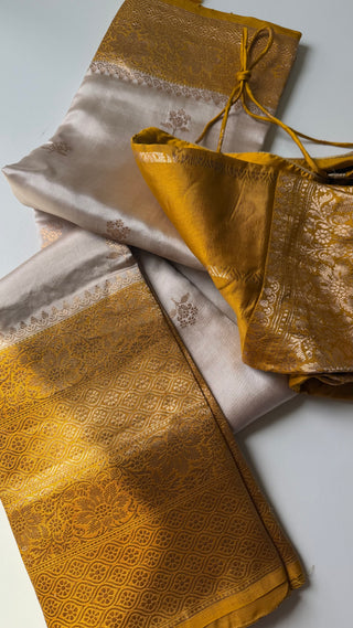 Beige Gold Benerasi Handloom silk saree Katan silk saree  pallu Partywear Diwali online shopping with stitched blouse