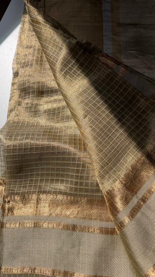Pure Tissue Beneras Beige Gold checks handwoven pure silk saree stitched blouse saree readymade online USA
