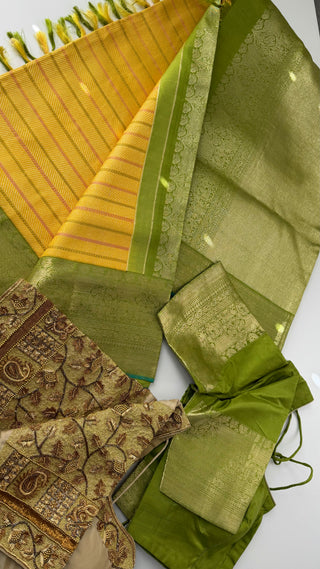 Pure twill kanjivaram silk saree online with two stitched blouse hand embroidered blouse  one of a kind elegant easy drape twill silk saree online shopping