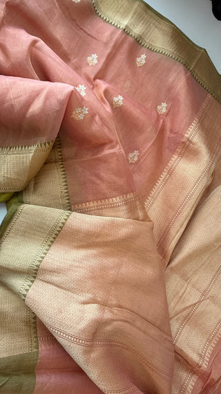 Banaras Pure Tissue Silk Saree in Peach and Olive Green with Gold Zari Border – Ready to Wear Online USA