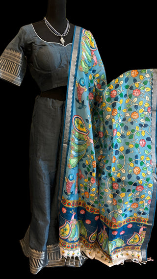 Teal Pure Mangalagiri Silk Cotton Lehenga with pen kalamkari Dupatta