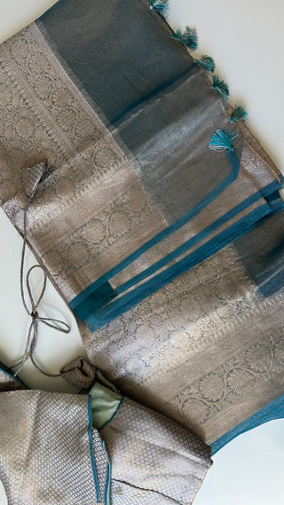 Pastel blue Pure Double Tissue katan silver Organza  silk saree with blouse online shopping usa