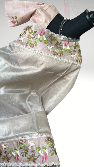 Pure Tissue zari kota gold embroidery handwoven pure silk saree stitched blouse saree readymade online USA