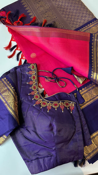 Bright Pink double color  vaira oosi kanchi pattu saree fine weave kanchi pattu bridal
